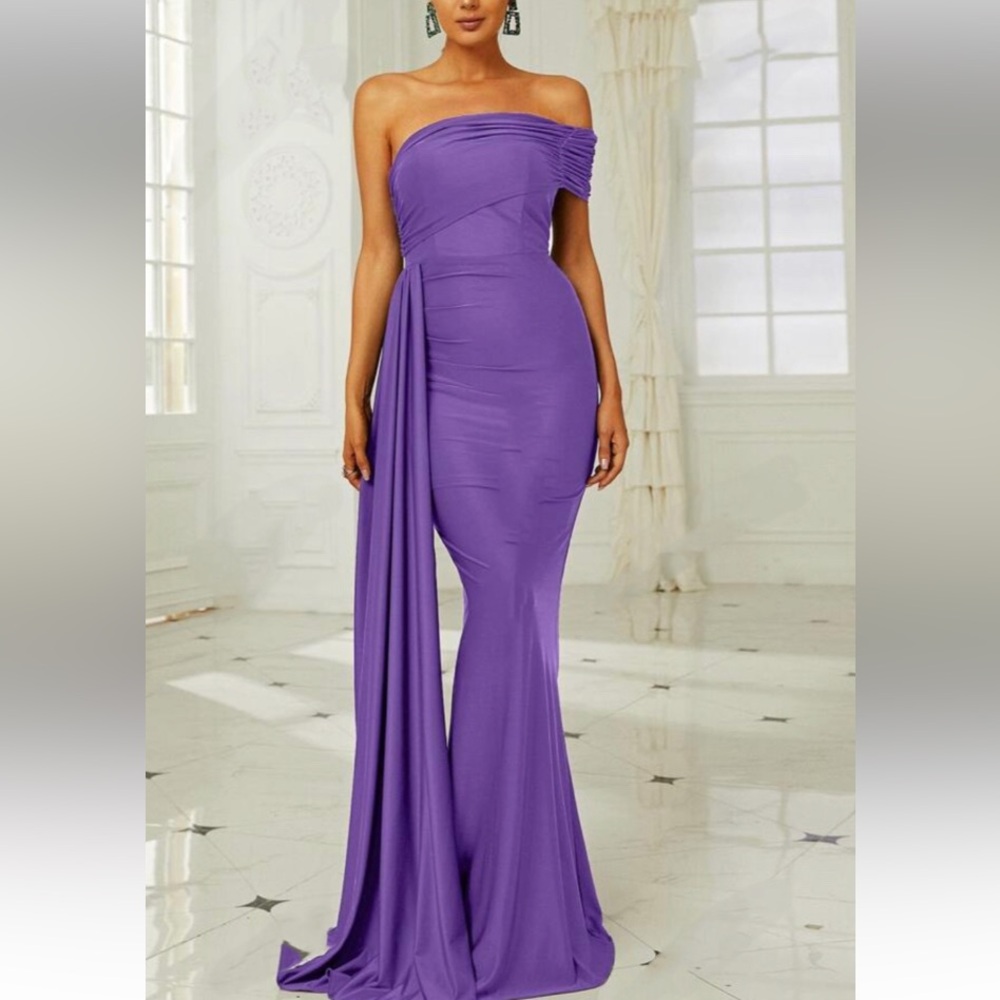 Luxe orange one shoulder draped party formal evening gown dress - Picture 10 of 10